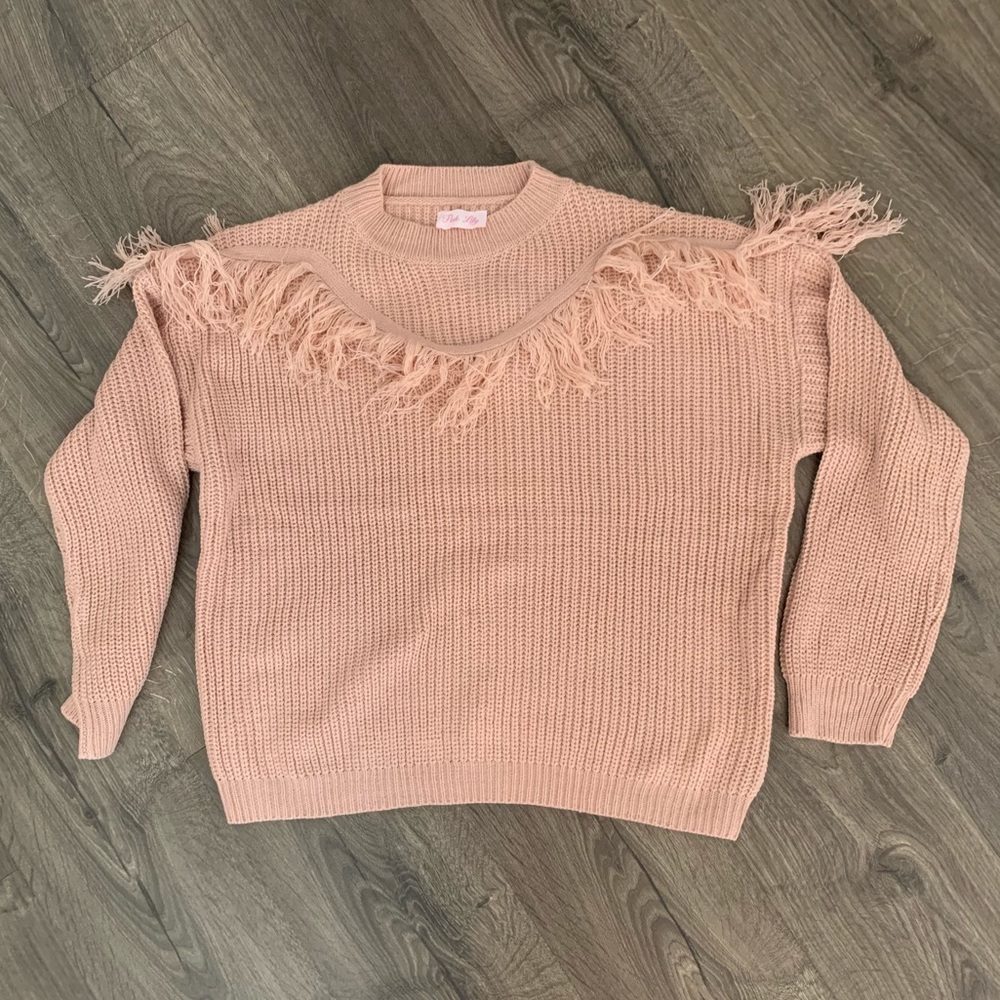 Pink Lily Fringed Crew Neck Sweater - Blush Pink